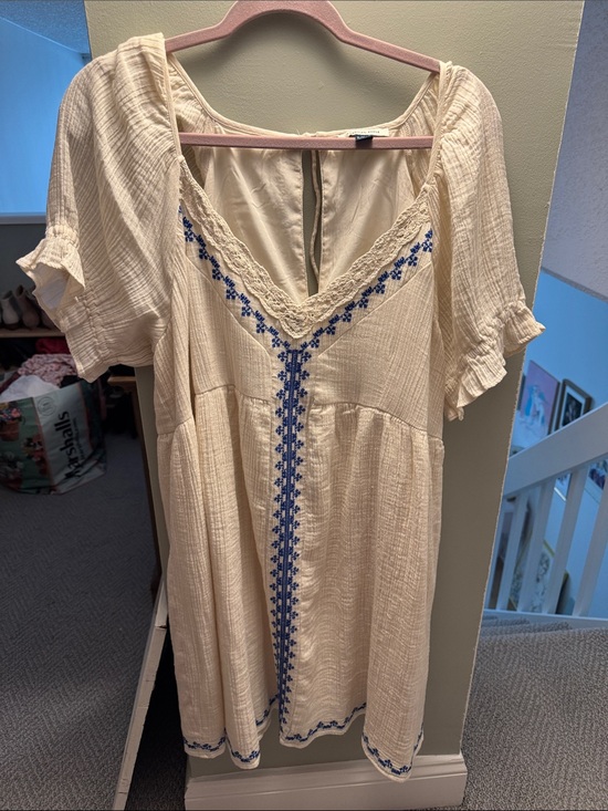 American Eagle Outfitters Tops - American Eagle Outfitters Cream Tunic Top with Blue Embroidery